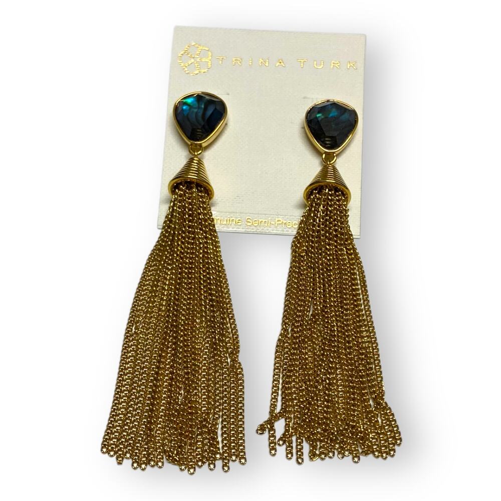 Trina Turk Gold Tone Tassel Earrings Semi Precious Stones‎ Pierced NEW